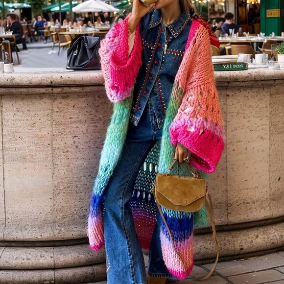 Sweaters - Pink Casual Women's Handknitted Boho Colorful Coat Bell Sleeve Crochet Kimono